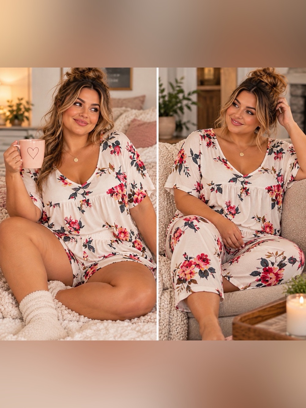 NWT Popyoung Plus Size Cozy Floral 3 pc V-Neck Women's Pajama Set. Size 3X